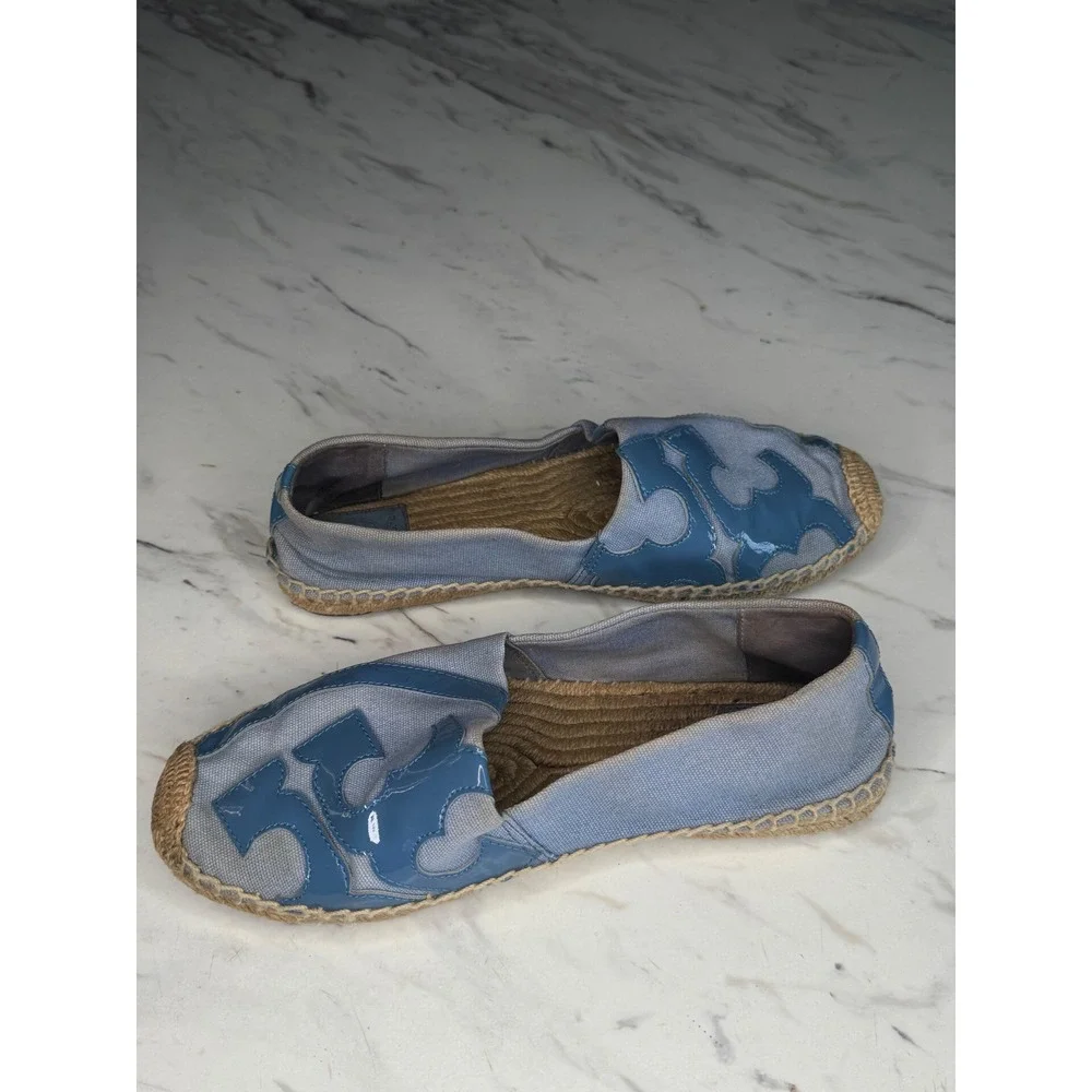 Tory Burch Women Blue Canvas Patent Leather Logo Espadrille Flats Size‎ 10